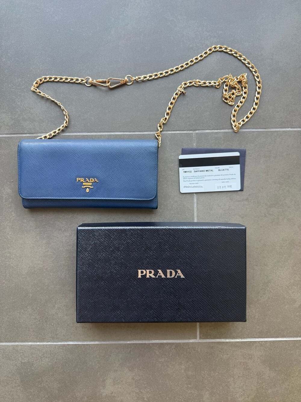 Prada Saffiano Bluette Wallet with Box and Certificate of Authenticity COA